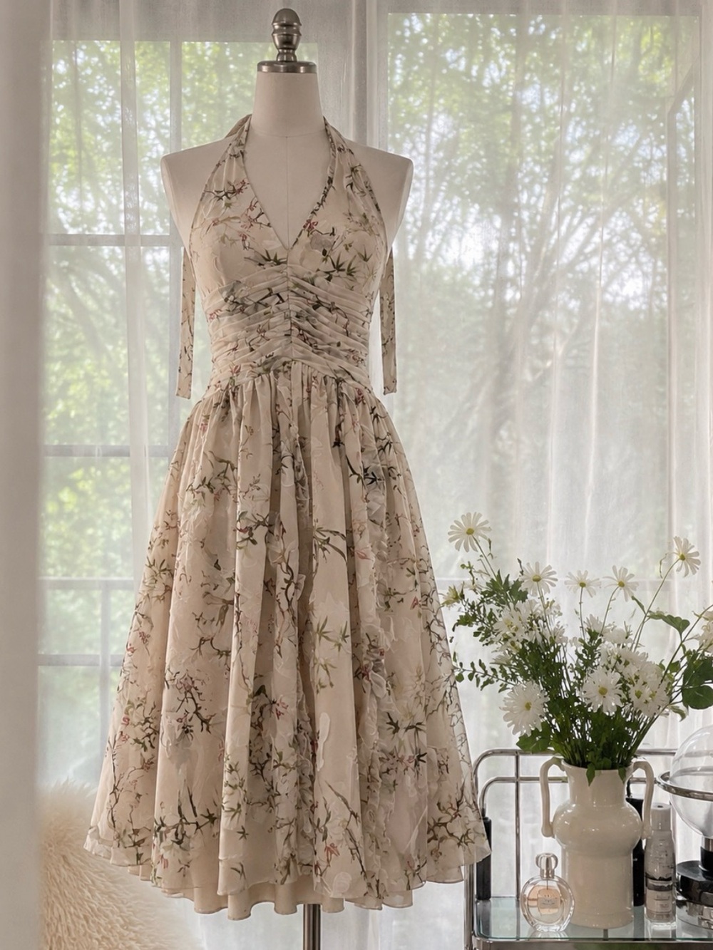 Azazie Cream Floral Halter Midi Dress